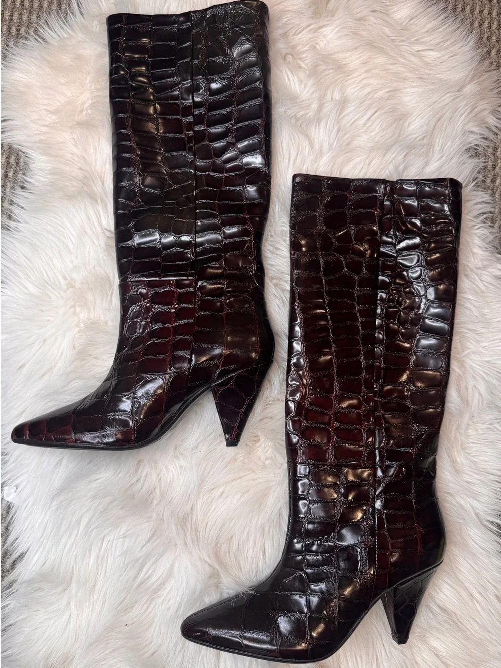 NEW-SAMSØE SAMSØE EU 37 US 6-Tall Croc-Emboss Pointed Toe Boot in Dark Brown